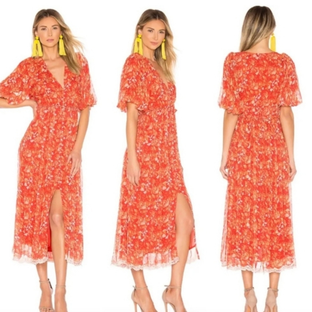 Hemant & Nandita Dawn Silk Midi Dress Orange Floral M - Picture 2 of 16